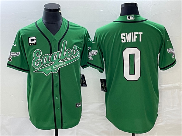 Men's Philadelphia Eagles #0 D??andre Swift Green With C Patch Cool Base Stitched Baseball Jersey